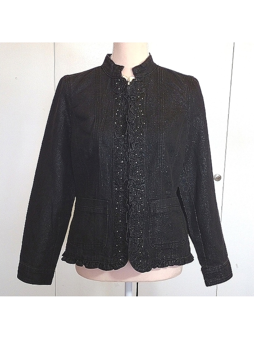 Baccini Black Ruffle-Front Jean Jacket with Shimmer Cotton Stretch XL